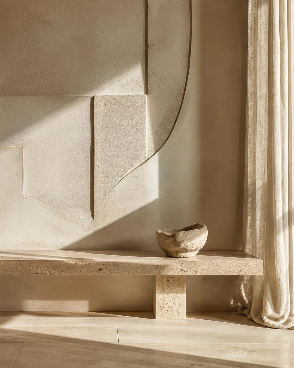 Sculptural plaster wall and travertine bench in soft natural light
