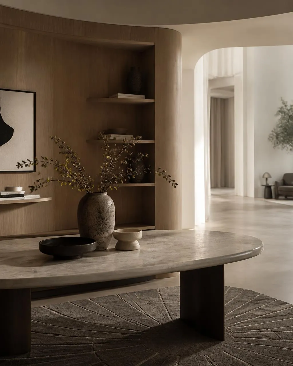Curved oak joinery and a stone table with carefully composed objects