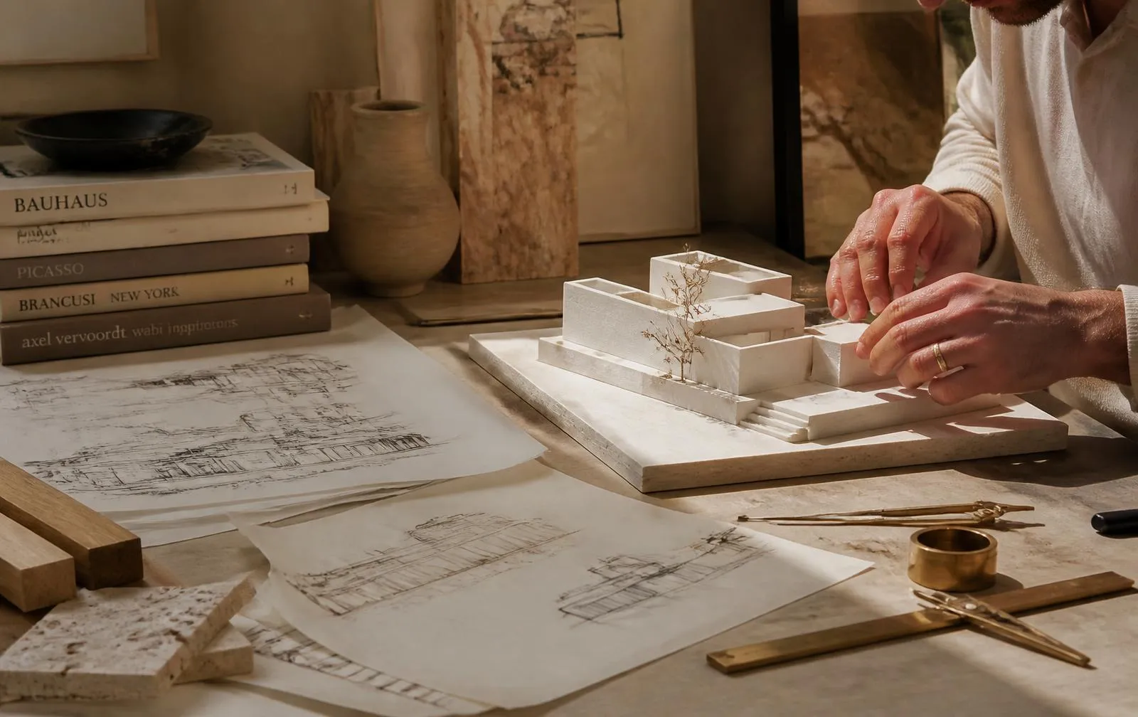 Artisan hands adjusting a stone architectural model beside hand sketches, books and brass tools in warm natural light