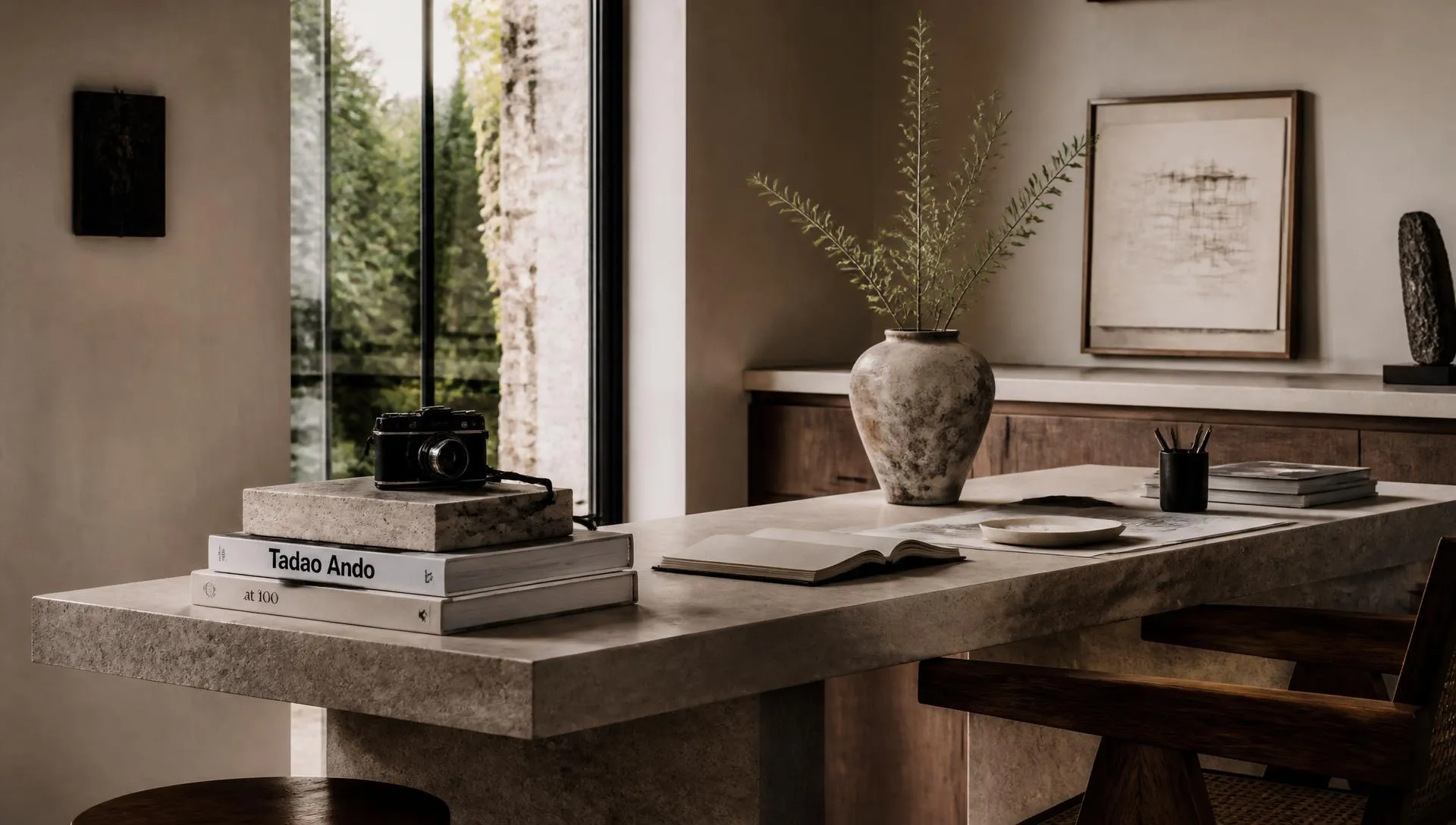 A minimal creative workspace with stone, oak, books, and a camera in soft natural light