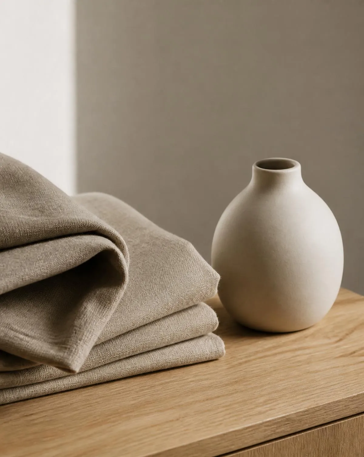 Folded linen and a pale ceramic vessel resting on oak