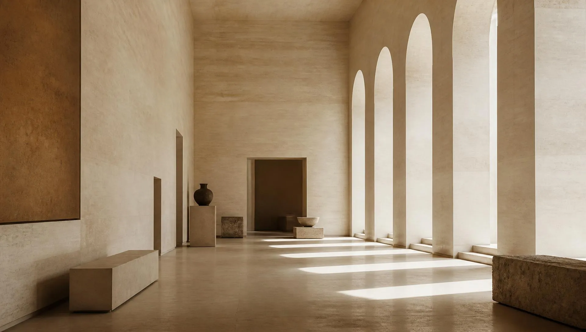 A vast travertine gallery hall washed in soft daylight