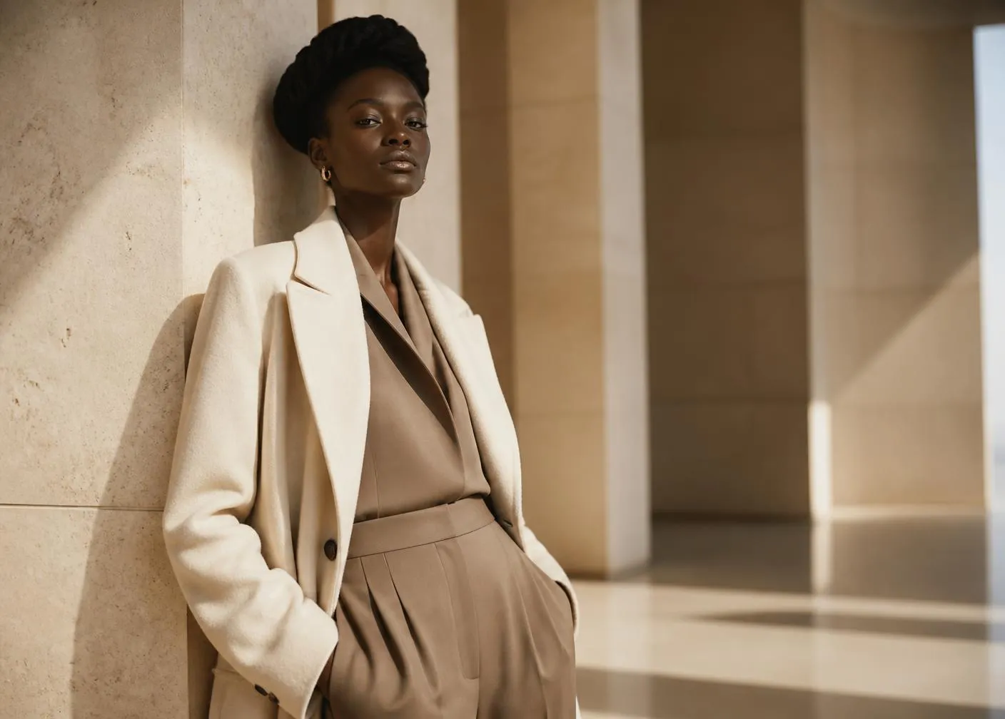 Editorial portrait of a creator in a cream and taupe tailored ensemble in a travertine interior