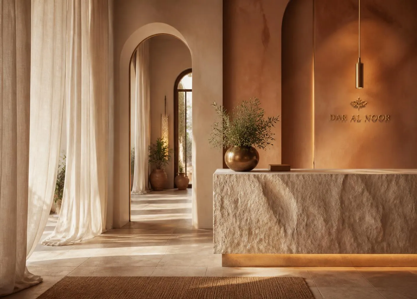 Stone reception counter beneath an arched doorway with linen curtains and brass accents