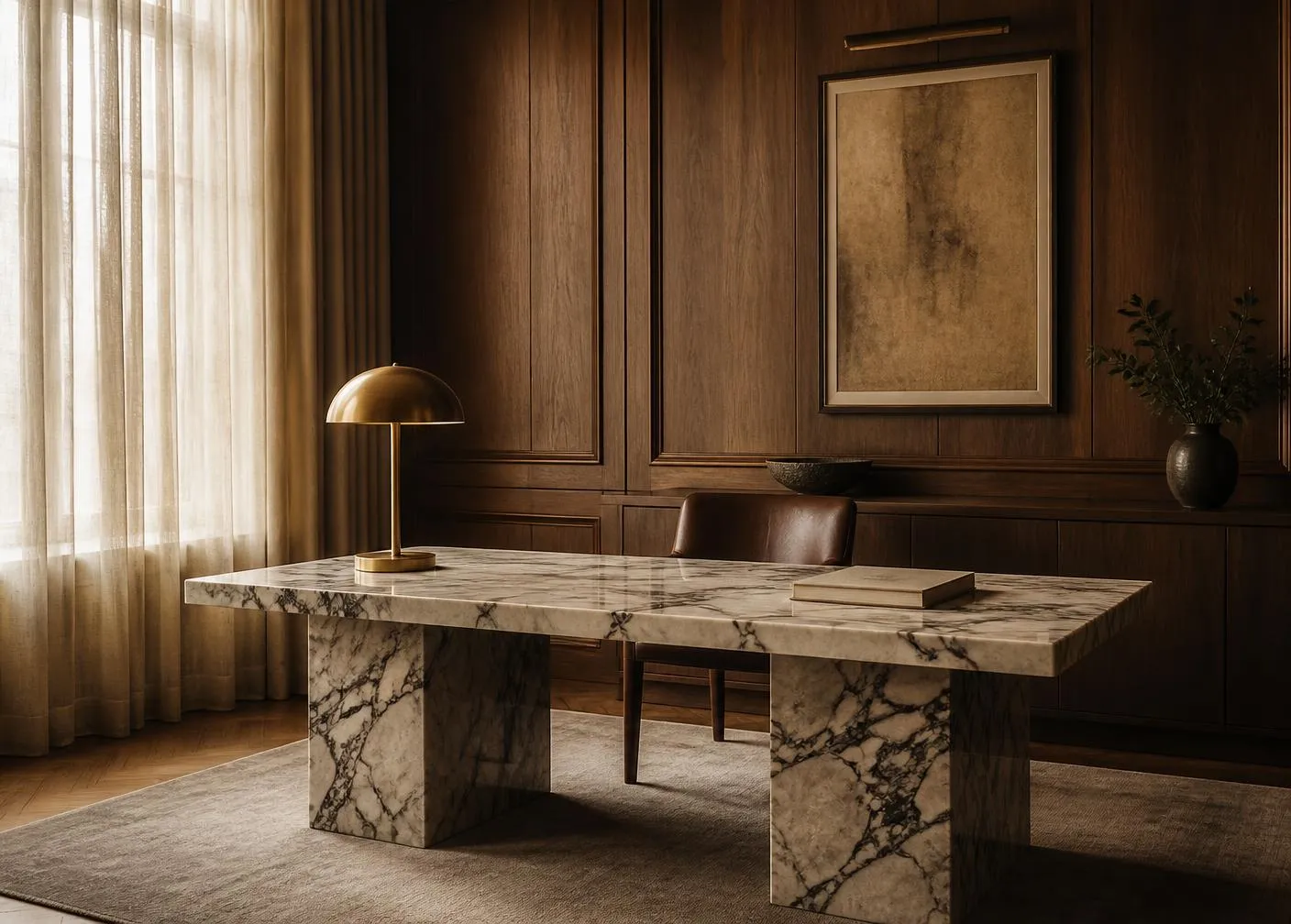 Marble table in a walnut-panelled office with sheer linen at a tall window