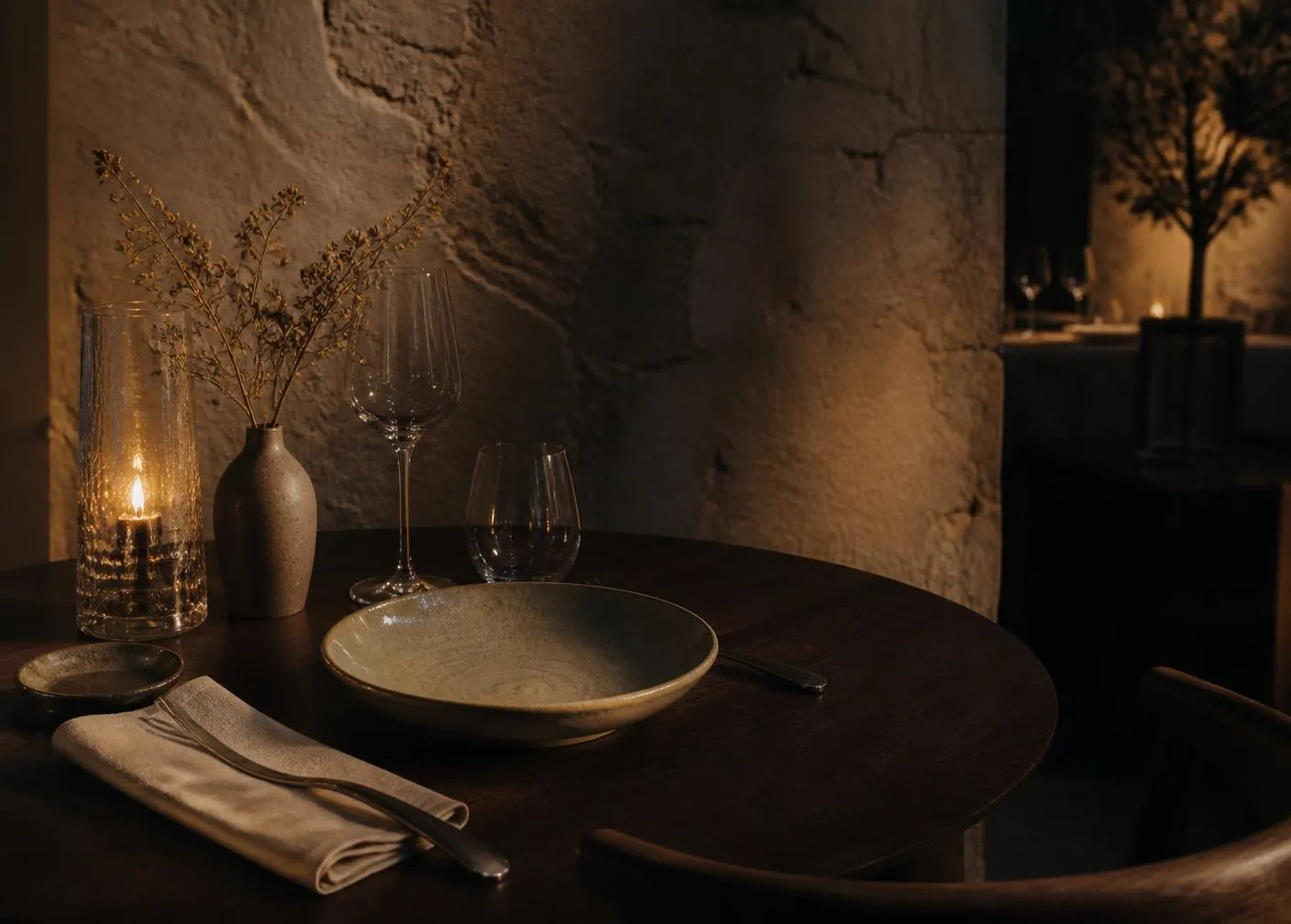 Candlelit restaurant table with linen napkin and hand-thrown ceramic plate against a stone wall