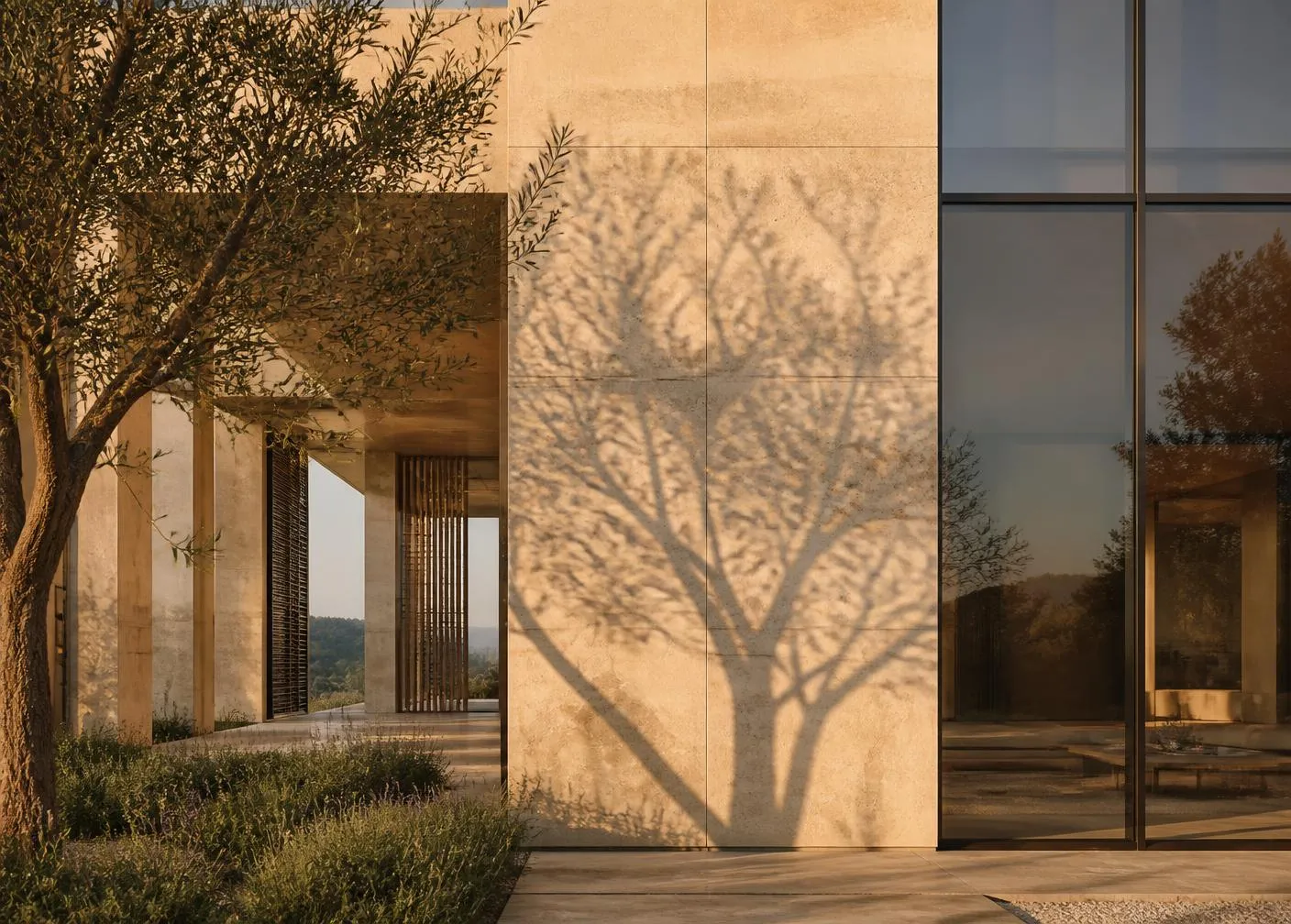 Limestone villa facade with an olive tree casting a shadow at golden hour