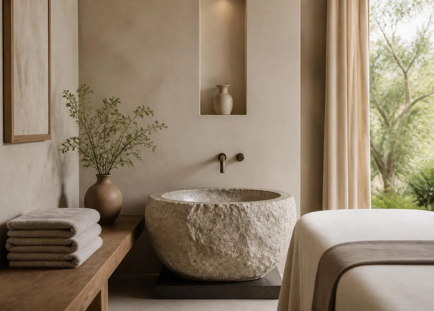 Serene wellness room with a carved stone basin, folded linen towels and diffused daylight