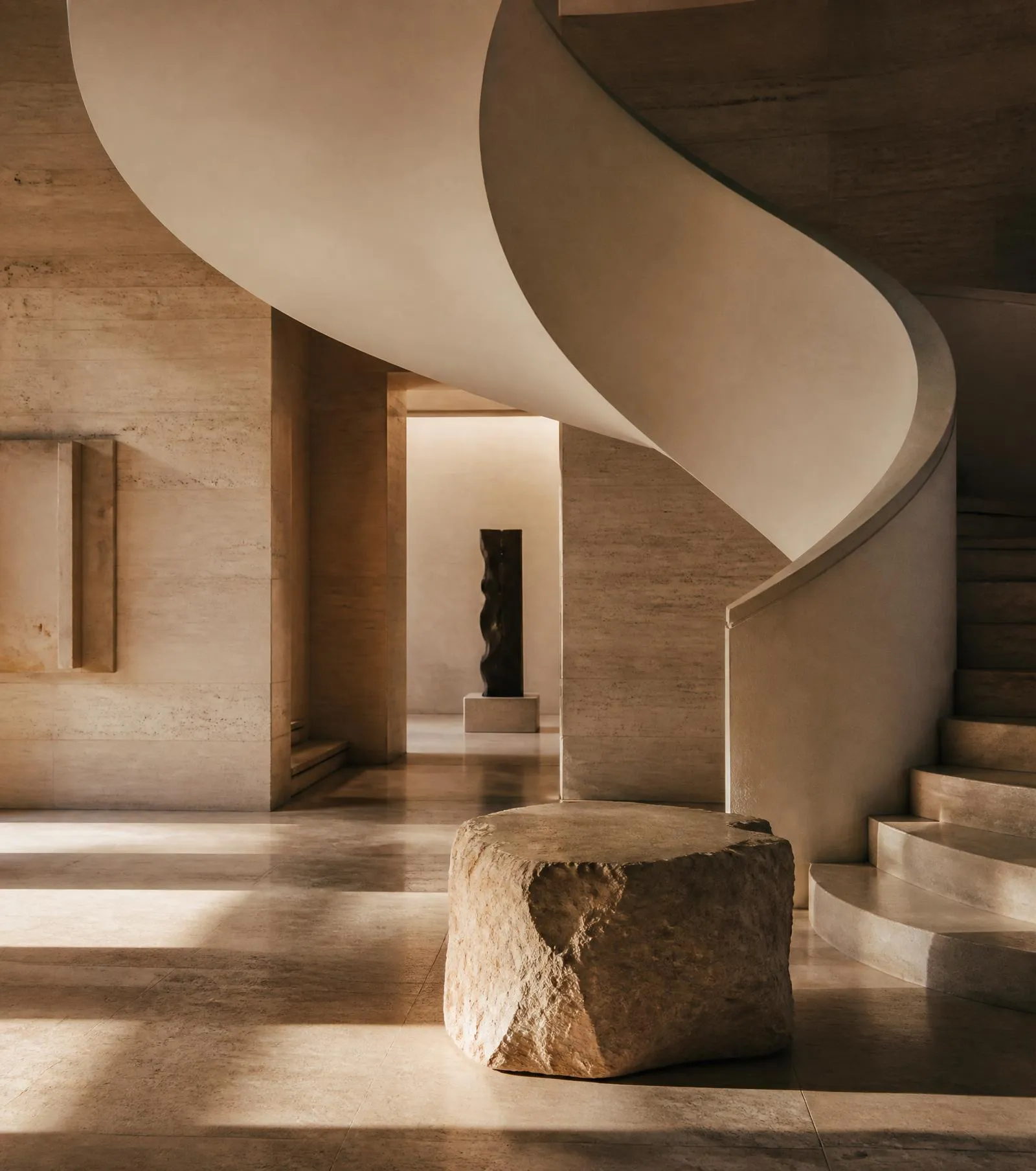 Sculptural plaster staircase in a travertine gallery lit by warm afternoon light