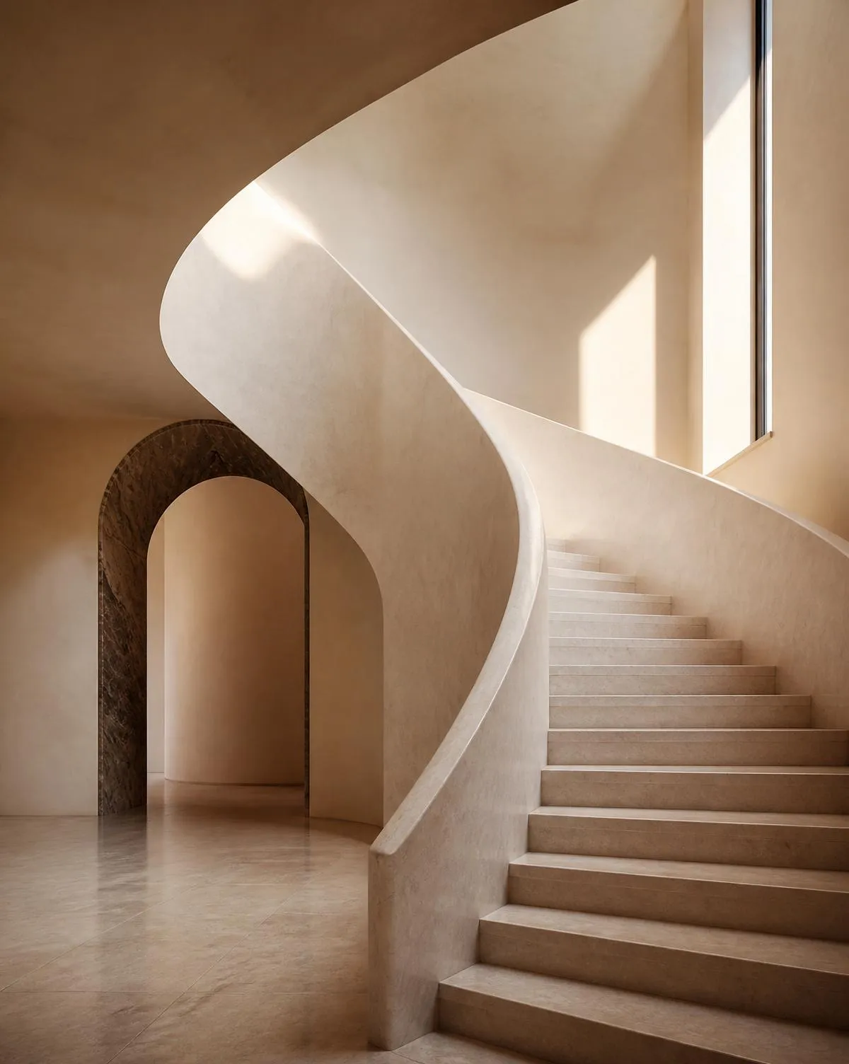Sculptural curved travertine staircase in warm raking daylight