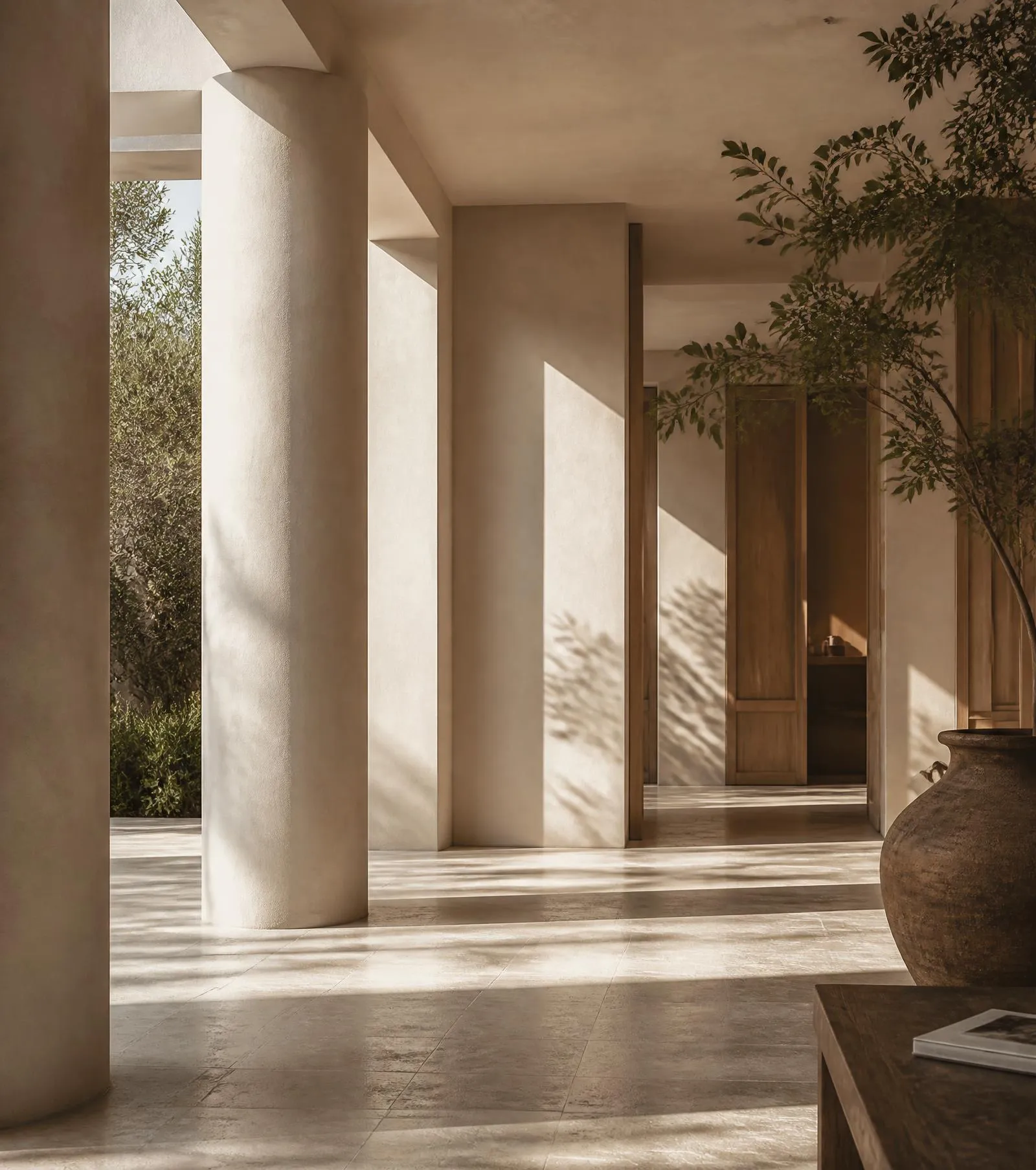 Sunlit colonnade with plaster columns and travertine floor in warm natural light